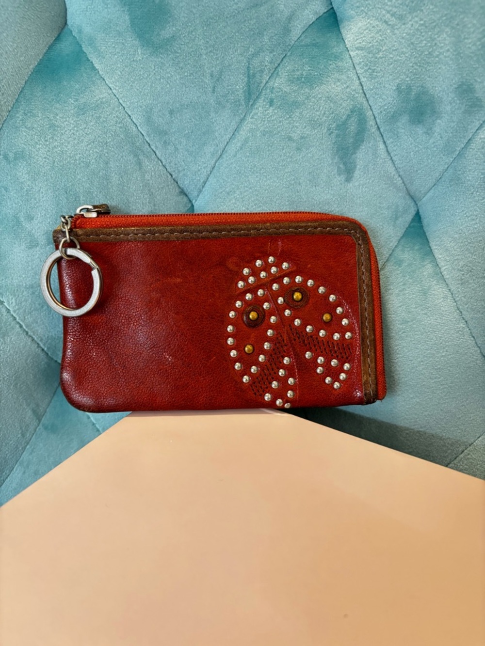 FOSSIL Red/Orange Leather Zip Coin Pouch with Studded Detail